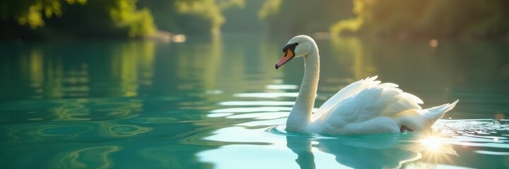 Obraz premium Sunny morning, swan on crystal clear Altausseer See , outdoor, travel