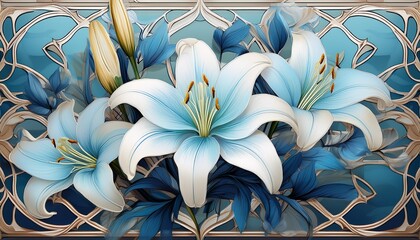 elegant floral pattern featuring soft blue lilies on a delicate lattice design suitable for various decor applications