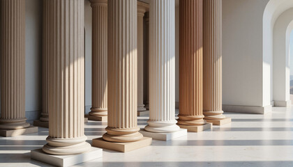 Architectural columns in a sunlit hall for blogs, websites, interior design projects, architecture studies, educational materials, and inspiration for classical or modern spaces -