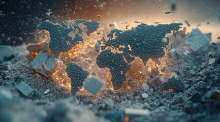 A world map is revealed from swirling dust and debris, symbolizing dramatic shifts. The background glows with vibrant hues, signifying energy and renewal in a chaotic environment