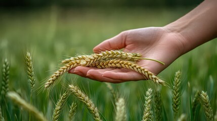 Hand holding wheat in a green field