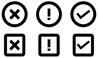Exclamation mark, tick, and cross icon on square and circle background. : Warning Error and Approval Icons with Checkmark, Cross, and Exclamation Symbols.  Checkmark cross exclamation warning approval
