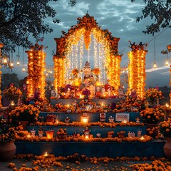Obraz premium Glowing Family Altar with Marigold Garlands and Twinkling Lights at Night for Vibrant Day of the Dead