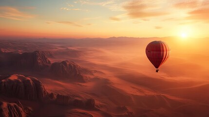 Obraz premium Hot air balloon floating over a desert landscape at sunrise with glowing orange light. Generative AI