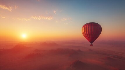 Fototapeta premium Hot air balloon floating over a desert landscape at sunrise with glowing orange light. Generative AI