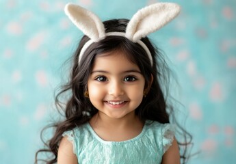 A 8 year old little Indian girl wearing a bunny-ear headband, smiling, pastel blue studio background. She is wearing a green dress. an Easter theme for the photography and decor. hyper realistic 