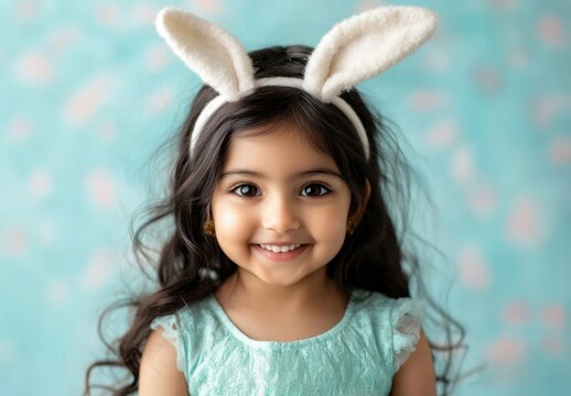 A 8 year old little Indian girl wearing a bunny-ear headband, smiling, pastel blue studio background. She is wearing a green dress. an Easter theme for the photography and decor. hyper realistic 
