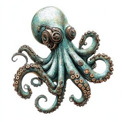 Fototapeta premium a quirky octopus clipart, ocean creature element, steampunk style, metallic tones, isolated on white background
