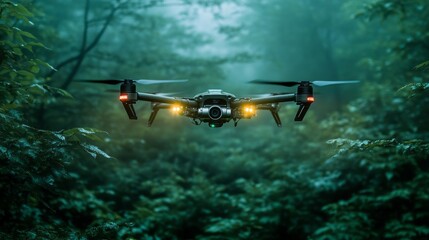 A high-tech reconnaissance drone with night vision technology is flying over a dense forest under the cover of darkness. Its lights illuminate the surrounding foliage as it conducts surveillance
