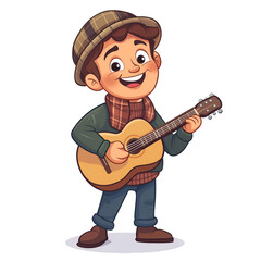 Obraz premium Cartoon Boy Playing Guitar Smiling Wearing Hat and Scarf Illustration, isolated on transparent or white background