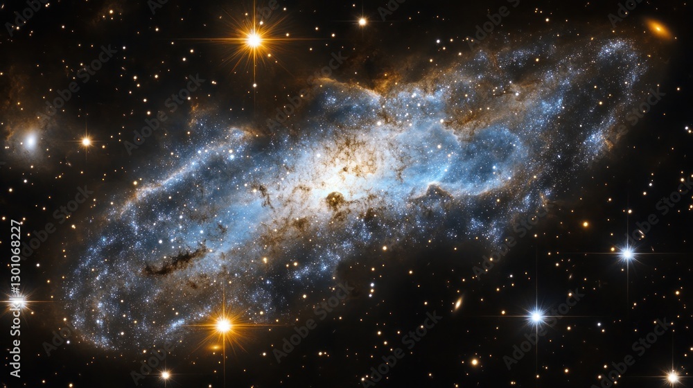 Poster exploring a distant galaxy with stars and nebulae in outer space