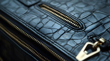 Close Up Of Black Leather Handbag With Gold Zippers