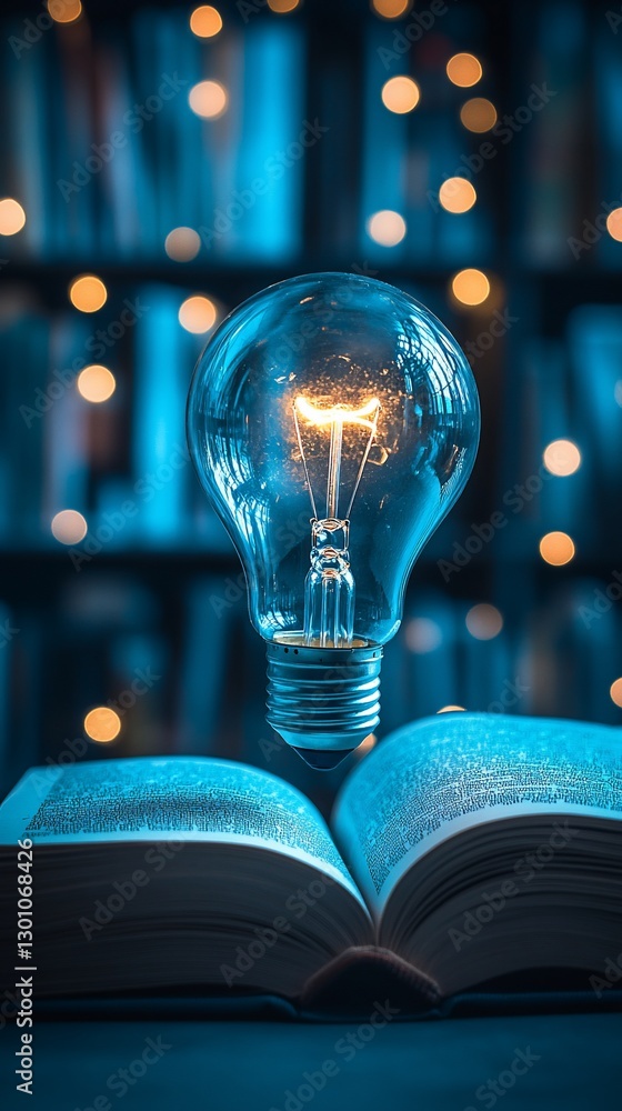 Poster lightbulb above open book, library background, possible concept for learning