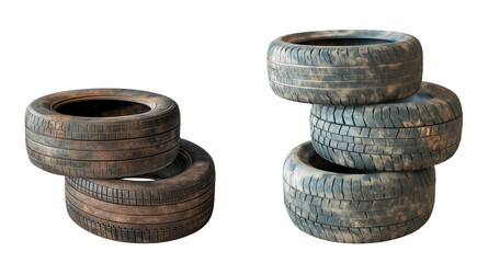Old car tires stacked on top of each isolated on a white or transparent background, Cut out PNG