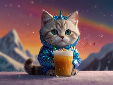 Adorable kitten in a hoodie sipping a delicious iced beverage - Powered by Adobe