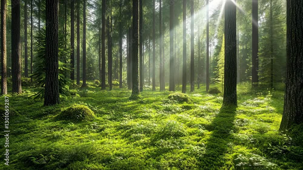 Poster Sunlight filtering through tall trees in a serene forest with lush green undergrowth