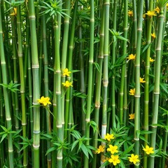 Fototapeta premium bamboo stalks with green tips, lush green leaves and yellow flowers, plants, green