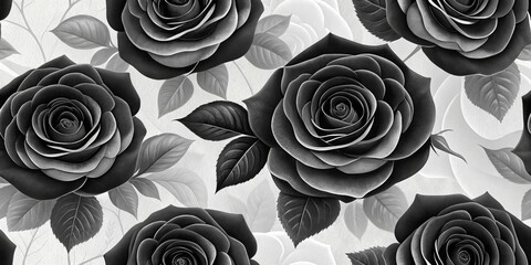 A beautiful pattern of black roses in various stages of bloom, arranged to create a soft, velvety visual with contrasting shades of grey, evoking a sense of elegance and mystery
