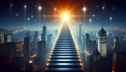 Obraz premium Glowing Staircase to Urban Skyline 