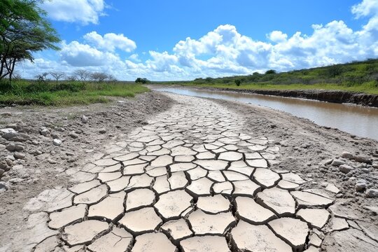 A parched riverbed with cracked mud, once a thriving source of water, now dried up