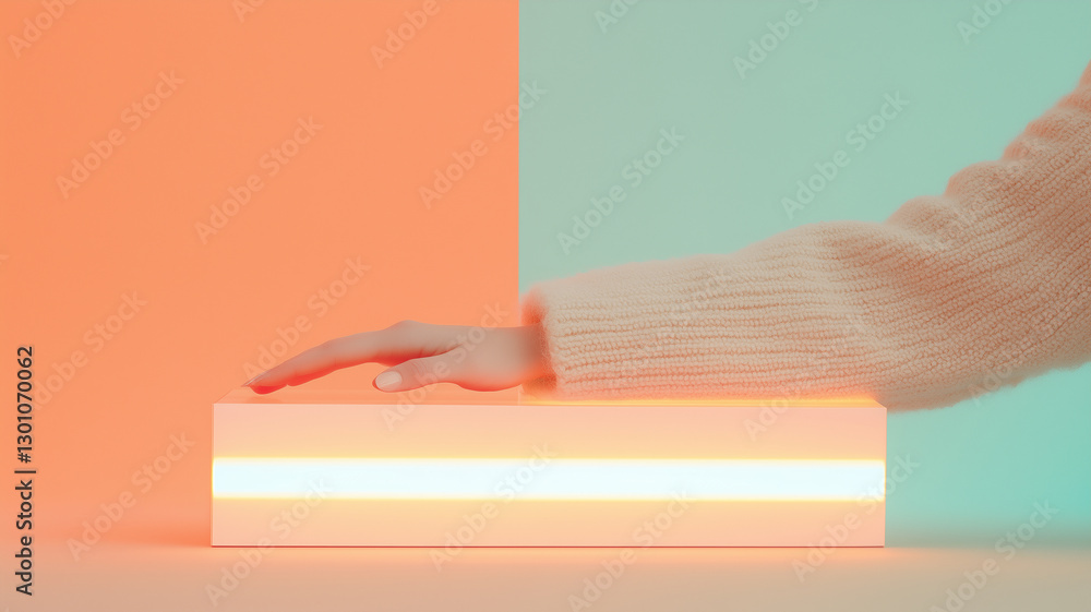 Poster hand gently rests on glowing rectangular object, surrounded by vibrant orange and teal backgrounds, 