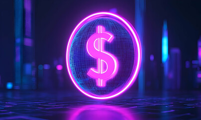 Neon Dollar Sign in Digital Style with Futuristic Urban Background