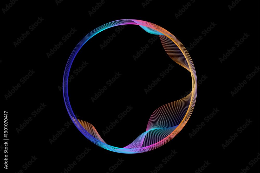 Poster Abstract round frame with circle wave lines pattern in neon gradient colors isolated on black background with copy space. Vector design template for AI, futuristic technology banner, music poster