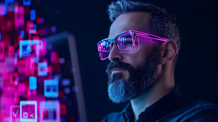 Obraz premium Focused Man with Stylish Glasses in a Digital Environment