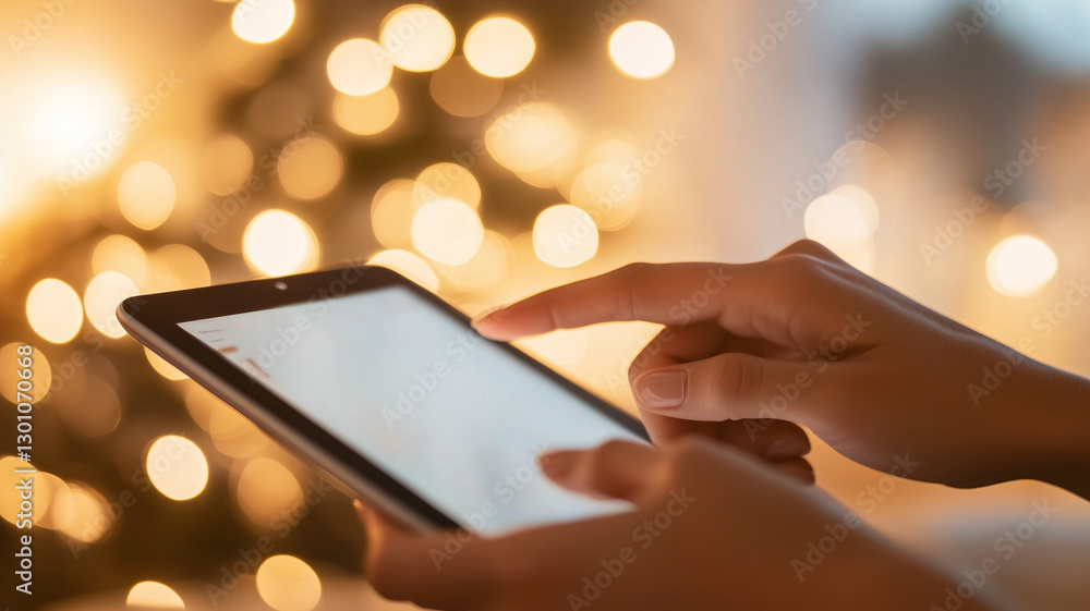 Aufkleber person using tablet device with blurred background of festive lights, creating warm and cozy atmosph