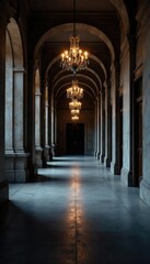 Obraz premium Desolate hallway with grey stone floor and dimly lit chandeliers, marble, pillars, empty parliament