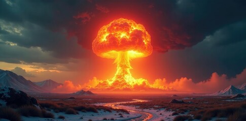 Devastating landscape with mushroom cloud rising from ground, radiation effects, nuclear winter, radioactive fallout cloud explosion landscape