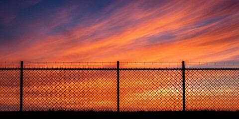 A chain-link fence silhouetted against a vibrant sunset sky, with warm orange and pink hues creating a dramatic backdrop