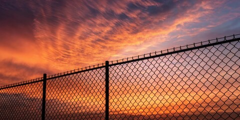 A chain-link fence silhouetted against a vibrant sunset sky, with warm orange and pink hues creating a dramatic backdrop