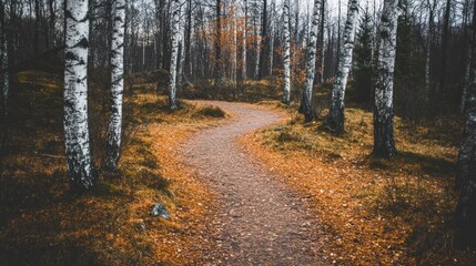 Obraz premium Walking Path Through Birch Trees Forest in Autumn with Fallen Leaves