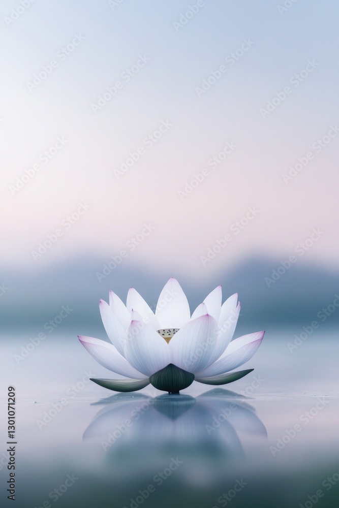 Poster serene and untouched landscape with single lotus flower at center symbolizing purity and enlightenme