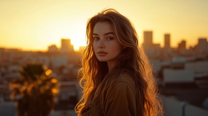 portrait of a beautiful woman on a sunset overlooking the city