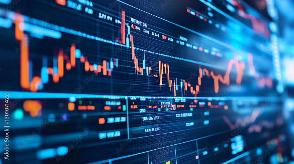Poster digital stock market display showing real-time trading data with vibrant graphs and indicators repre