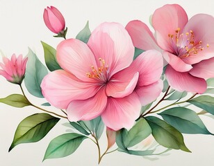beautiful pink flowers with green leaves watercolor illustration