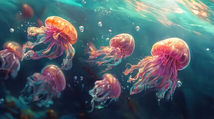 Obraz premium Enchanting Jellyfish Symphony: A Ballet of Bioluminescence in the Deep Blue Sea