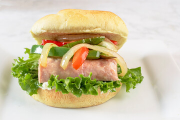 spam burger  top with  peppers and onions