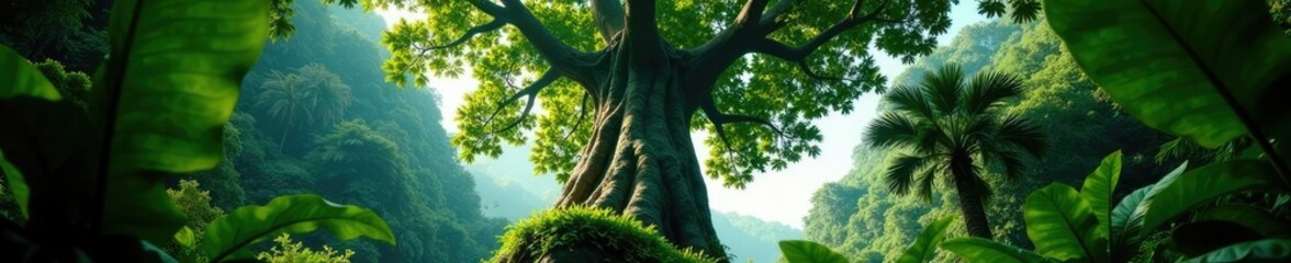 Giant Monstera deliciosa tree towering above the canopy of a rainforest, plant life, botanical garden