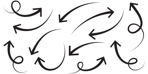 Hand drawn arrows set. Marker drawn arrows. Arrow icon. Arrows doodle. Editable stroke line icons. Vector illustration.