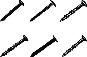 Black color various screws vector with transparent background, various screws silhouette vector, various screws line art vector illustration set
