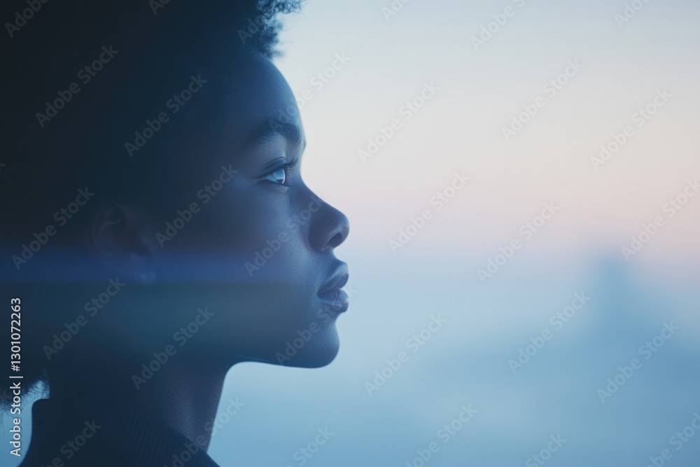 Poster young individual gazes out of window lost in thought with soft lighting casting hopeful glow around 