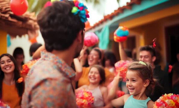 Happy man wearing flower crown enjoying cinco de mayo party with friends and family, throwing confetti in the air