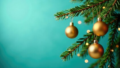 Naklejka premium Golden ornaments on a pinecone-lined branch against a turquoise sky, Christmas, winter