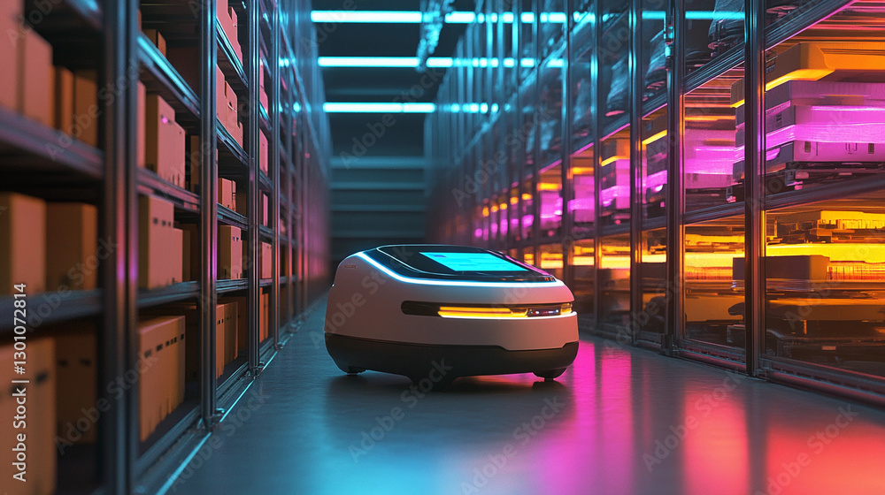 Poster fully automated warehouse showcases advanced self-driving technology and efficient storage solutions