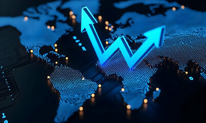 Obraz premium Global Market Growth Concept with Digital Map and Arrow Indicators