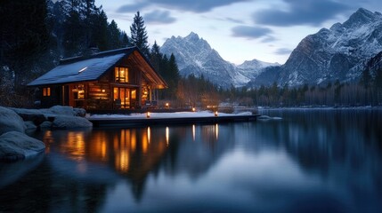 Fototapeta premium A cozy cabin in the woods with snow-capped mountains in the distance, perfect for a winter vacation retreat.
