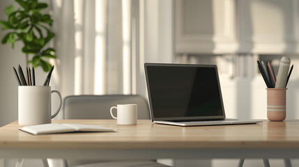 Minimalist Modern Studio Workspace with Laptop, Notebook, Coffee Mug, and Comfortable Chair in Elegant Setting